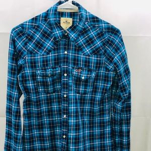 Hollister Flannel Sz Med. Women Blue Plaid Long
